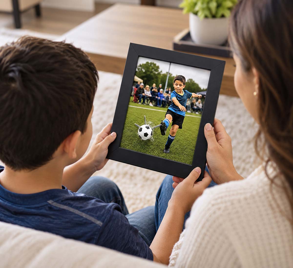 Mother and child holding a BreakOut Frames Soccer Ball Black Frame